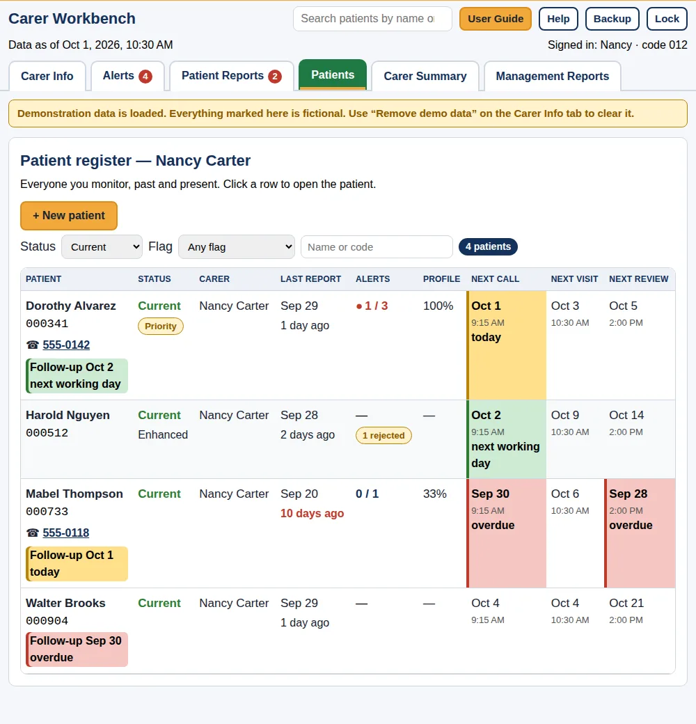 The patient register for a fictional carer, Nancy Carter, listing four people with their last report, alerts, profile, follow-ups and next call, visit and review dates