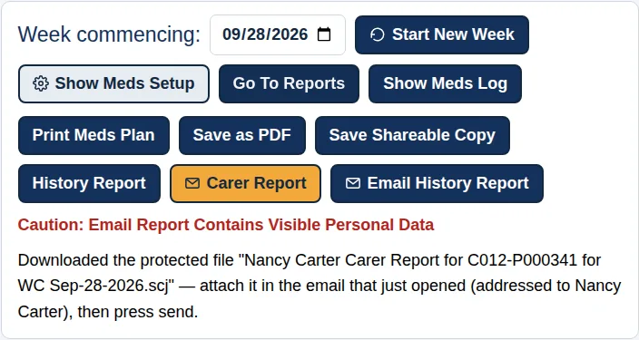 The Carer Report button and the message naming the locked file to attach in the email to Nancy Carter
