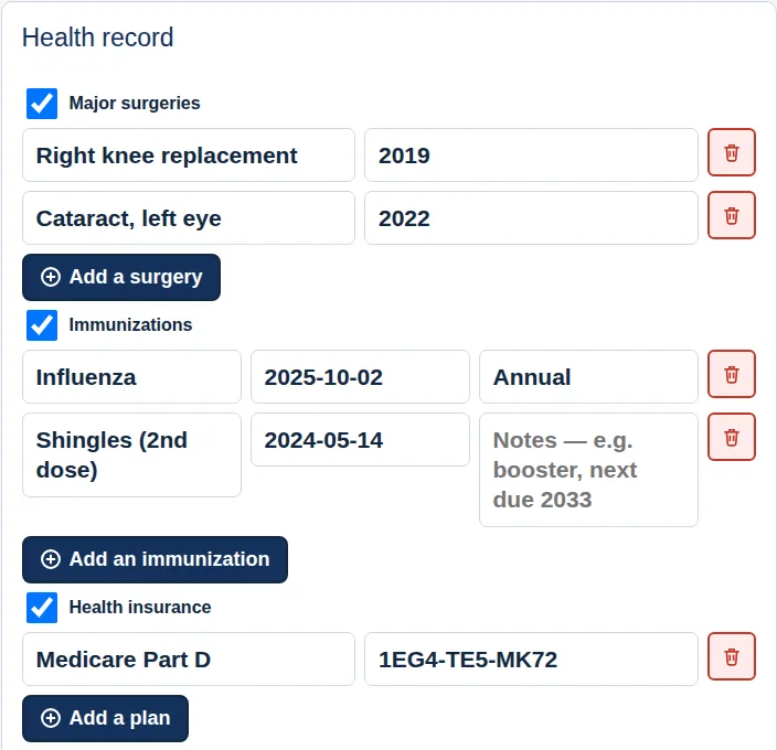 The Health record section with two surgeries, two immunizations and a health insurance plan