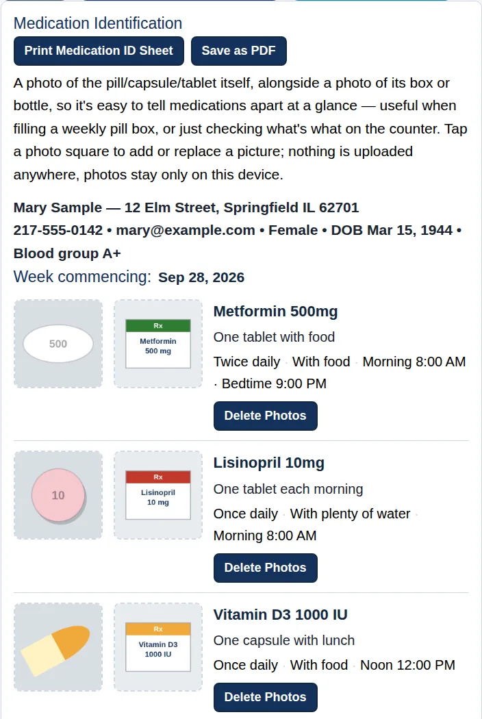 Medication identification: photos of each pill beside its box, with each medicine’s dose and times