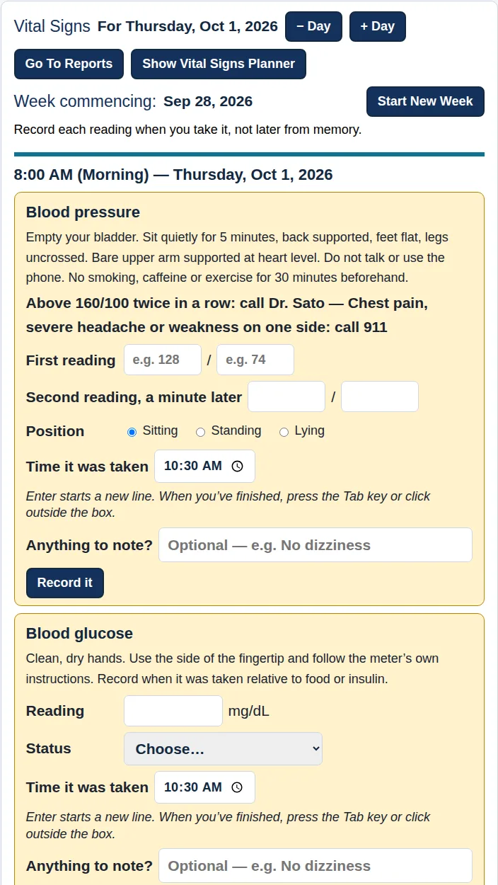 The Vital Signs Daily Log for Thursday morning: a blood pressure card with the doctor’s instructions and two readings, and a blood glucose card