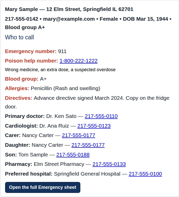 Who to call for Mary Sample: emergency number, poison help number, blood group, allergies, doctor, carer and pharmacy, each with a phone number