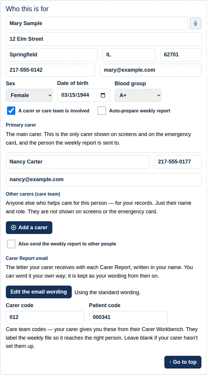 The Who this is for panel with Mary Sample’s details, her primary carer Nancy Carter, and the carer and patient codes